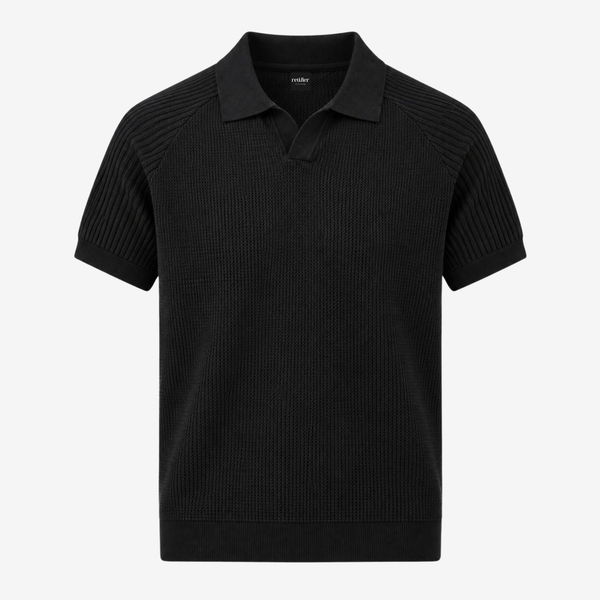 A black short-sleeve knit polo shirt with a ribbed texture, displayed on a clean white background.