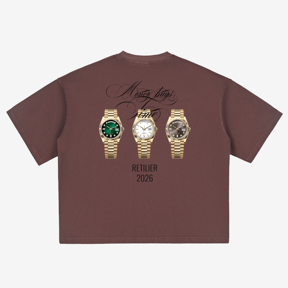 A brown short-sleeve t-shirt shown flat against a light gray background, featuring a graphic print of three gold-tone wristwatches with green, white, and black dials, accompanied by the text 'Many times Partie' and 'RETIPIER 2026'.