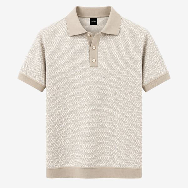 A short-sleeve knit polo shirt in beige and off-white with a geometric pattern, featuring solid beige trim on the collar, sleeve cuffs, and hem, shown against a plain white background.