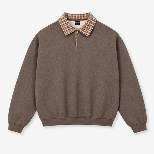 A brown crewneck sweatshirt with a brown and beige plaid collar, displayed flat against a light gray background.