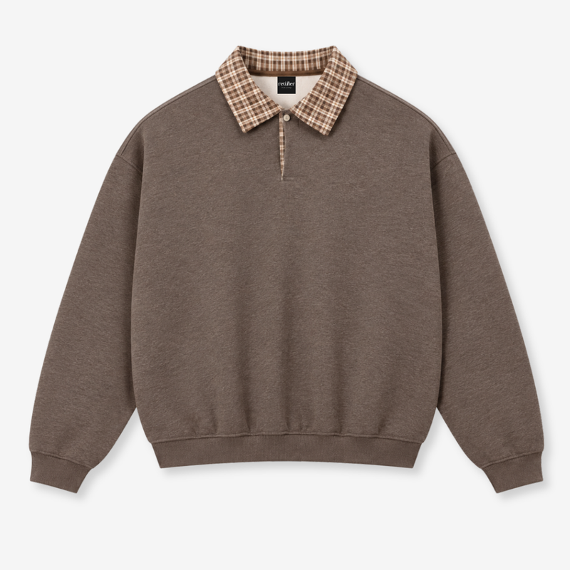 A brown crewneck sweatshirt with a brown and beige plaid collar, displayed flat against a light gray background.