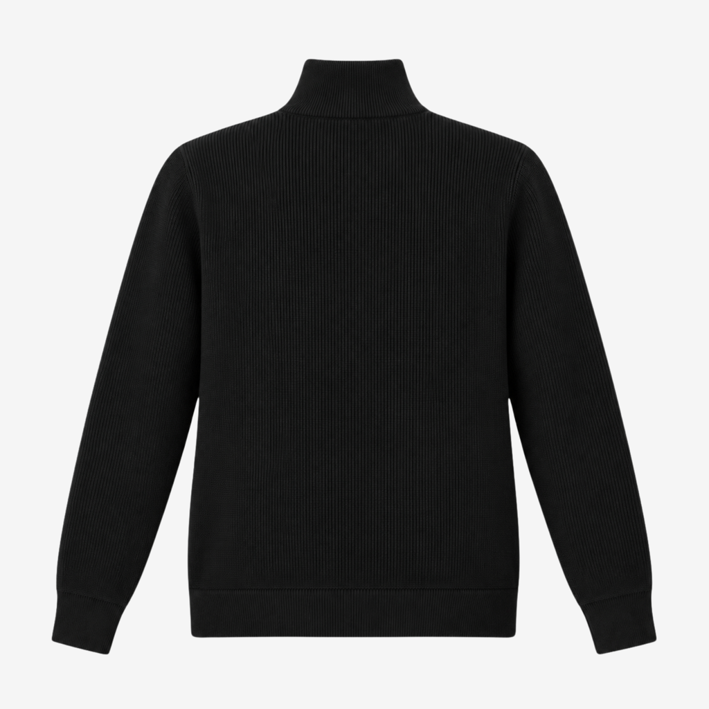 A black ribbed knit turtleneck sweater shown from the back, featuring long sleeves and a ribbed collar, cuffs, and hem, set against a plain light gray background.