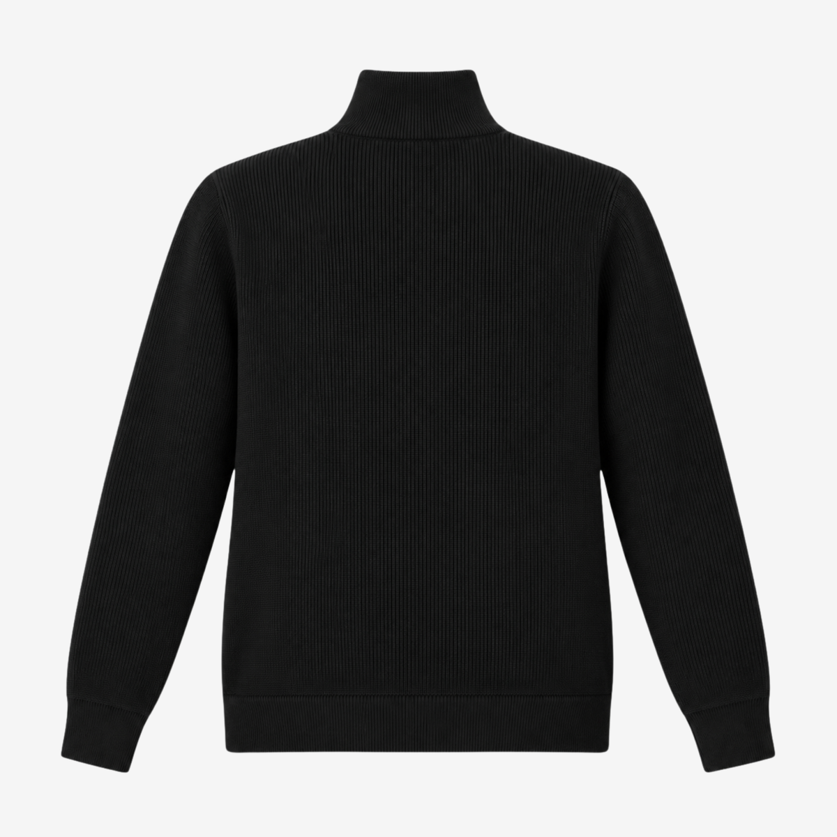 A black ribbed knit turtleneck sweater shown from the back, featuring long sleeves and a ribbed collar, cuffs, and hem, set against a plain light gray background.
