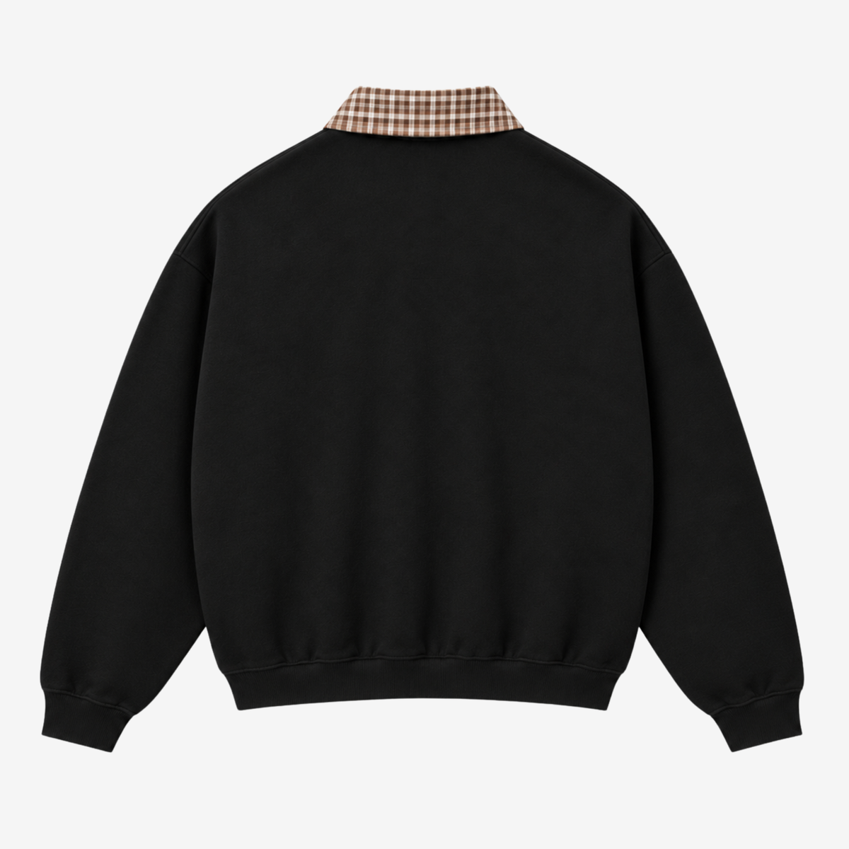 A black crewneck sweatshirt shown from the back, featuring a brown and beige plaid shirt collar detail, photographed against a light gray background.