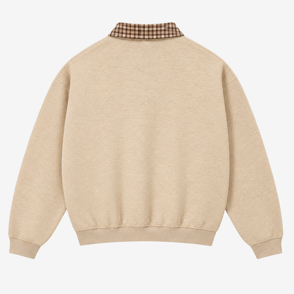 A beige crewneck sweatshirt shown from the back, featuring a brown and beige plaid collar detail, on a light gray background.