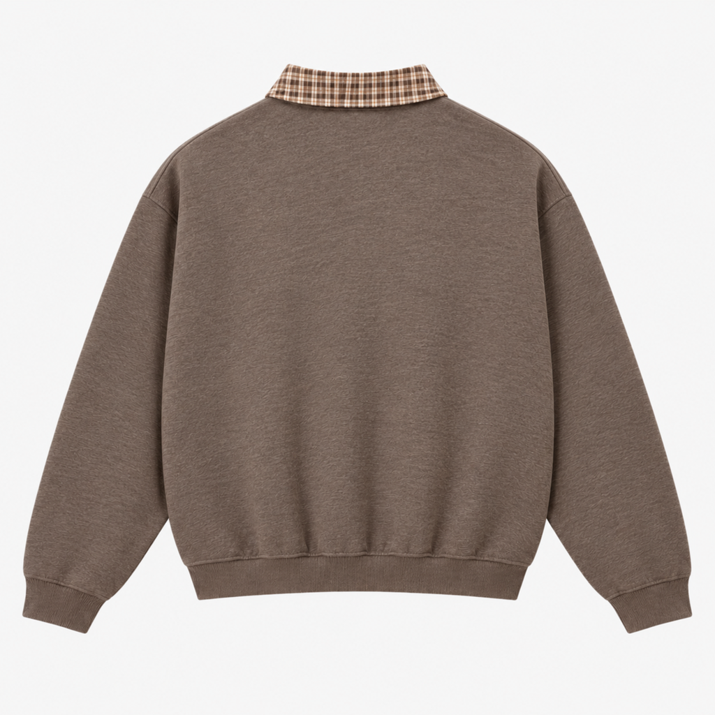 A brown crewneck sweatshirt shown from the back, featuring a contrasting plaid collar in beige and brown tones.