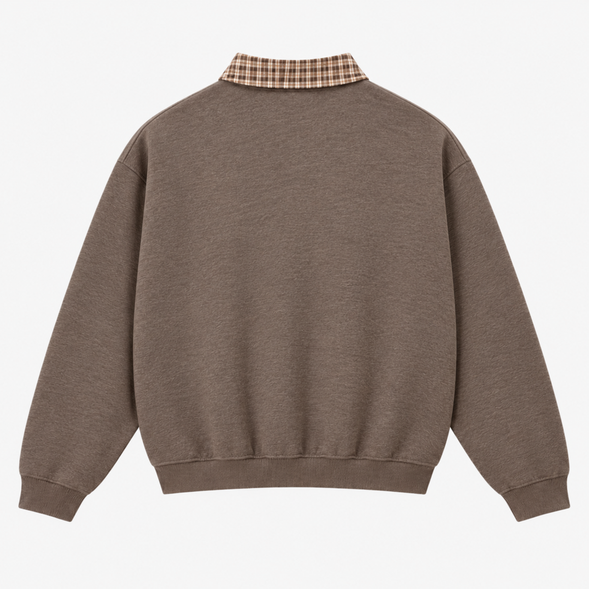 A brown crewneck sweatshirt shown from the back, featuring a contrasting plaid collar in beige and brown tones.