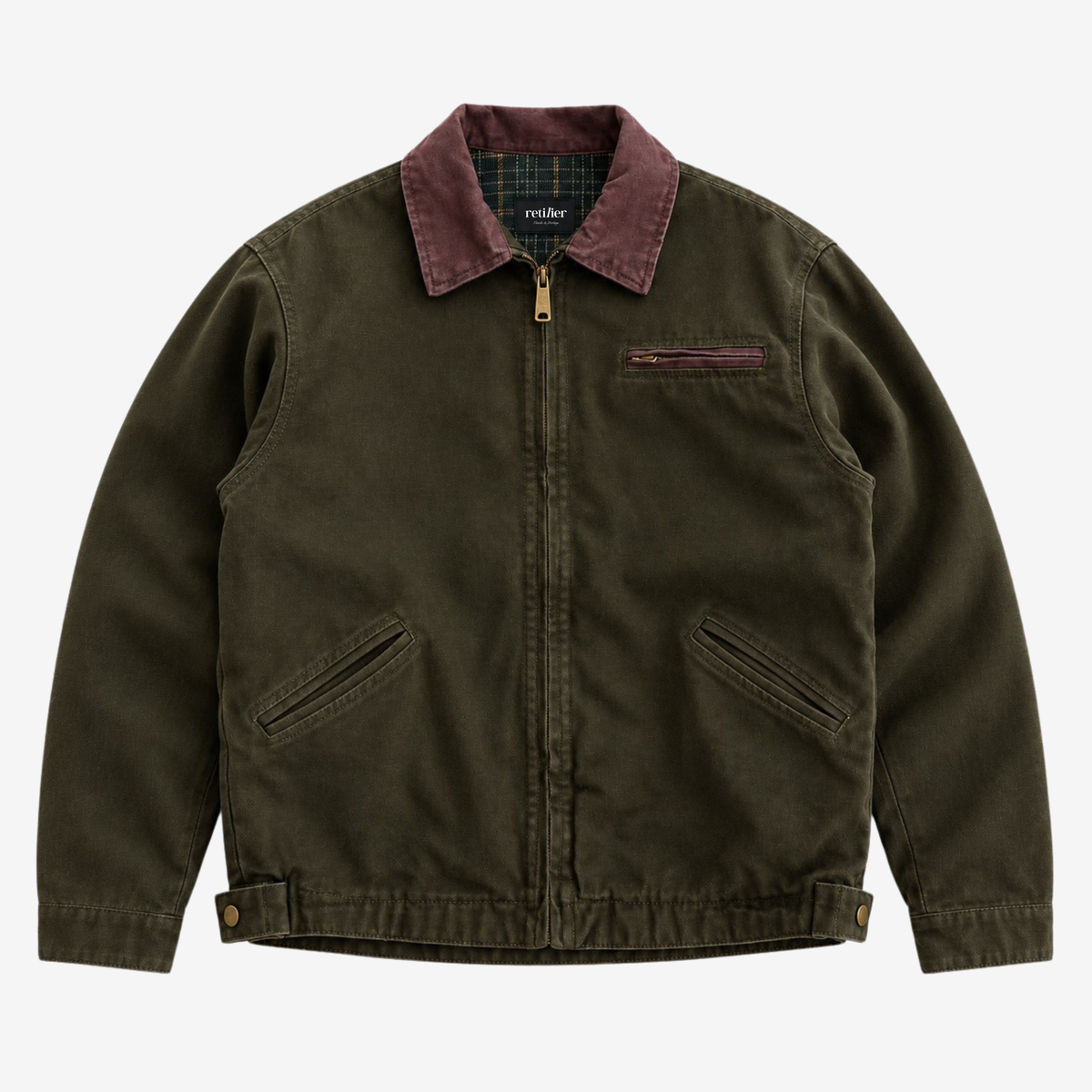 An off-white canvas utility jacket with a contrasting dark brown corduroy collar, featuring a front zipper, zippered chest pocket, and two diagonal zippered hand pockets.