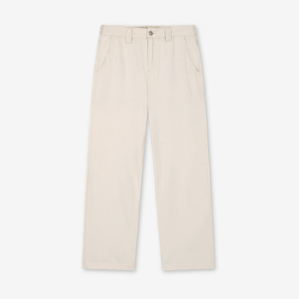 A pair of light beige straight-leg trousers shown flat against a clean, off-white background.