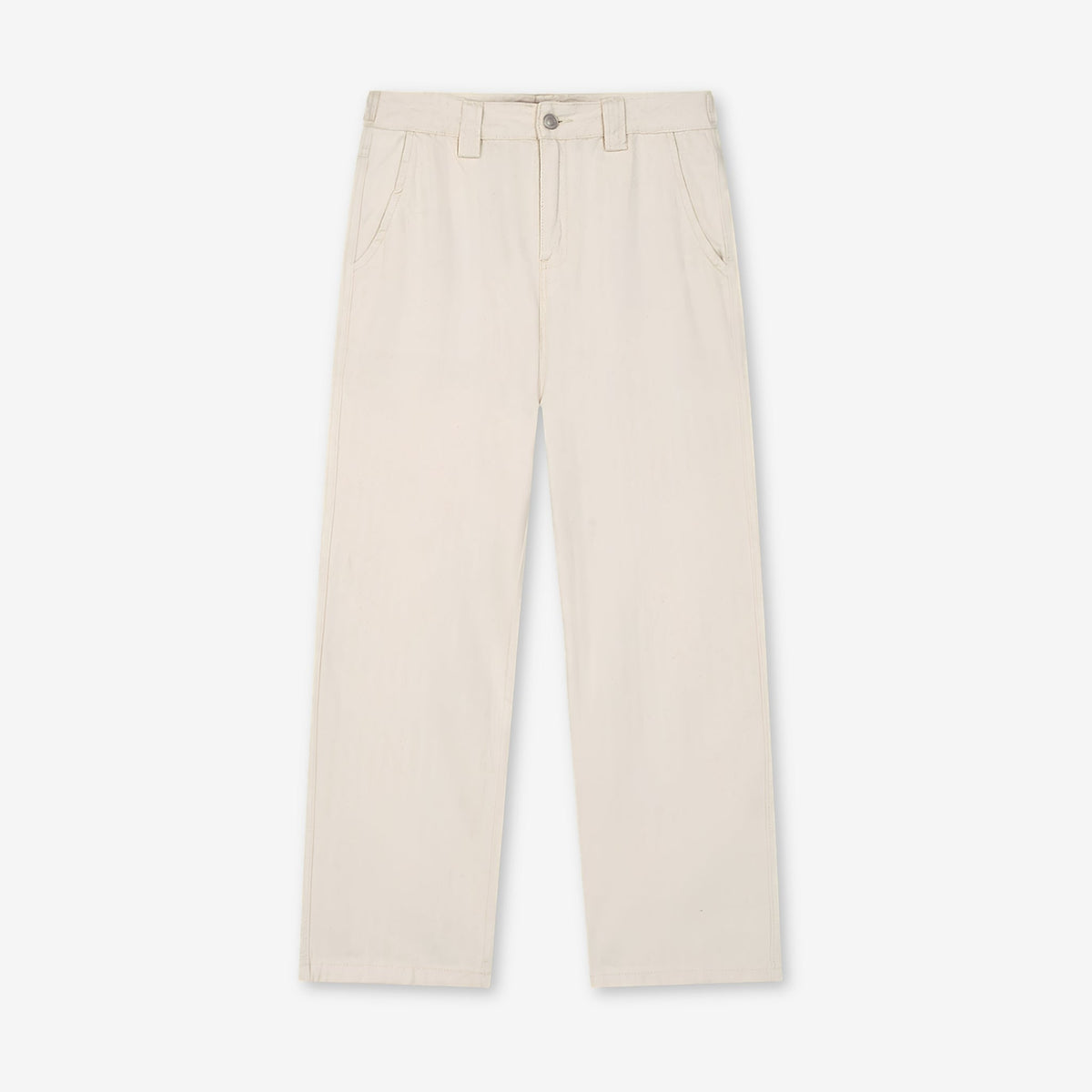 A pair of light beige straight-leg trousers shown flat against a clean, off-white background.