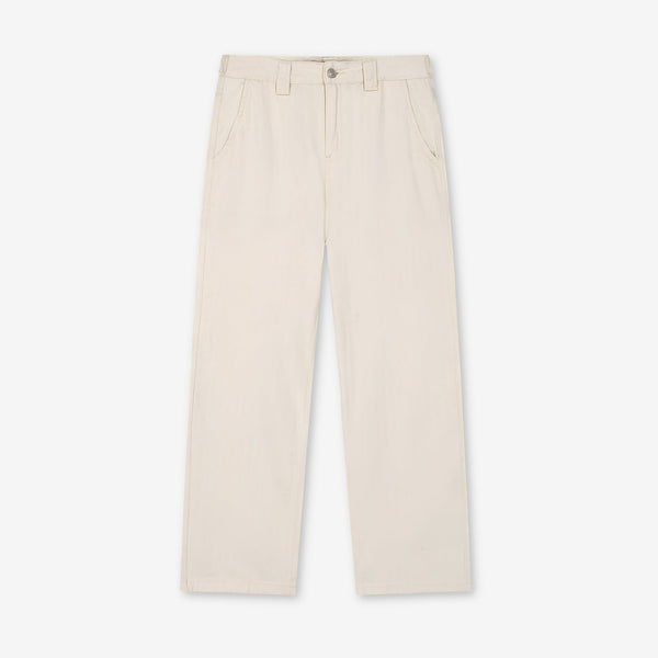 A pair of light beige straight-leg trousers shown flat against a clean, off-white background.