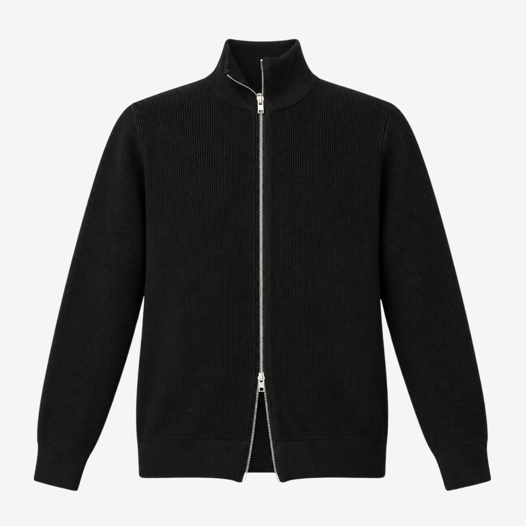 A black ribbed knit zip-up jacket with a mock neck collar, shown flat against a light gray background.