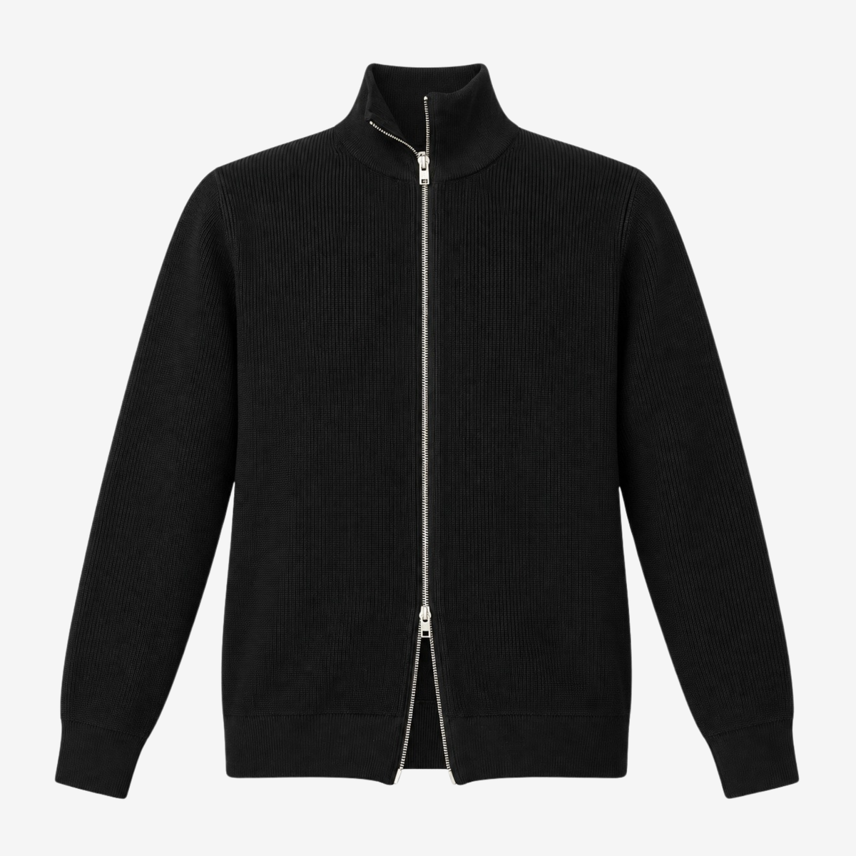 A black ribbed knit zip-up jacket with a mock neck collar, shown flat against a light gray background.