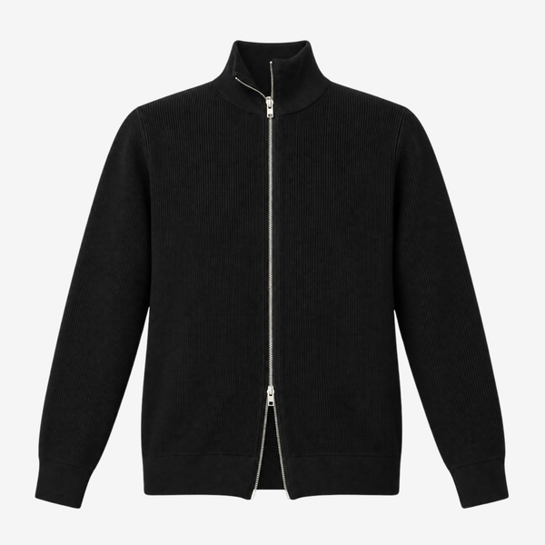 A black ribbed knit zip-up jacket with a mock neck collar, shown flat against a light gray background.
