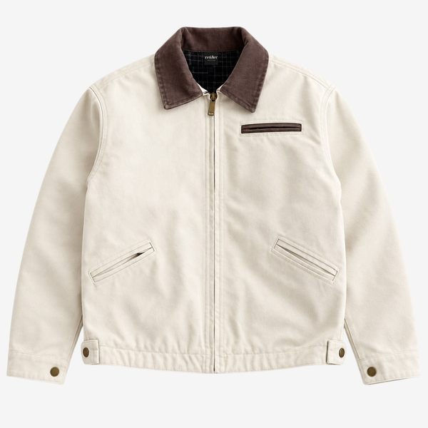 An off-white canvas utility jacket with a contrasting dark brown corduroy collar, featuring a front zipper, zippered chest pocket, and two diagonal zippered hand pockets.