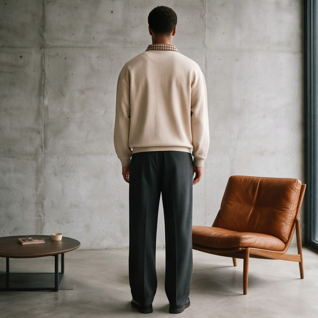 A man stands with his back to the camera wearing a cream knit sweater and dark charcoal trousers in a minimalist room with a concrete wall, a brown leather chair, and a small round table.