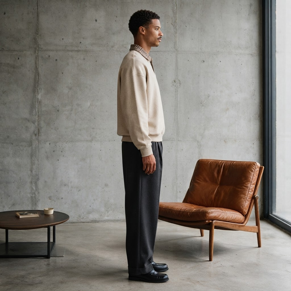A man stands in profile in a minimalist loft setting with a concrete wall, wearing a cream knit sweater, dark charcoal trousers, and black loafers. A brown leather armchair and a small round coffee table are visible in the room.